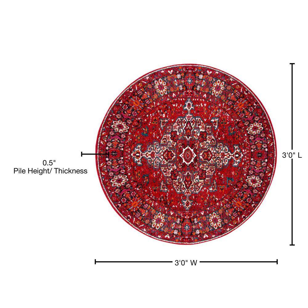 Vintage Red and Multi Synthetic Round Area Rug, 3' Diameter