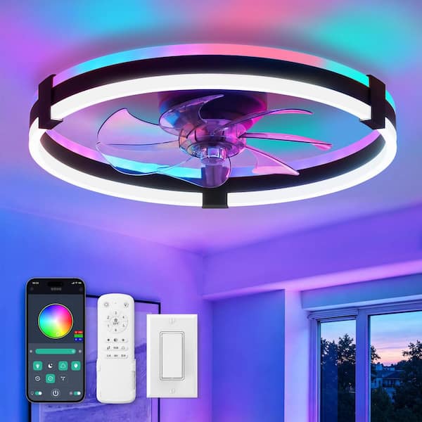 20 in. Black Smart  Fandelier Low Profile Flush Mount Outdoor Ceiling Fan with 6 Speeds, RGB Remote & APP Control