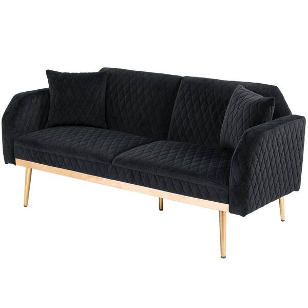 URTR 66 in.W Square Arm Velvet Straight Sofa, Convertible Loveseat Futon Sofa Bed Rose Gold Feet with 2 Pillows, Black