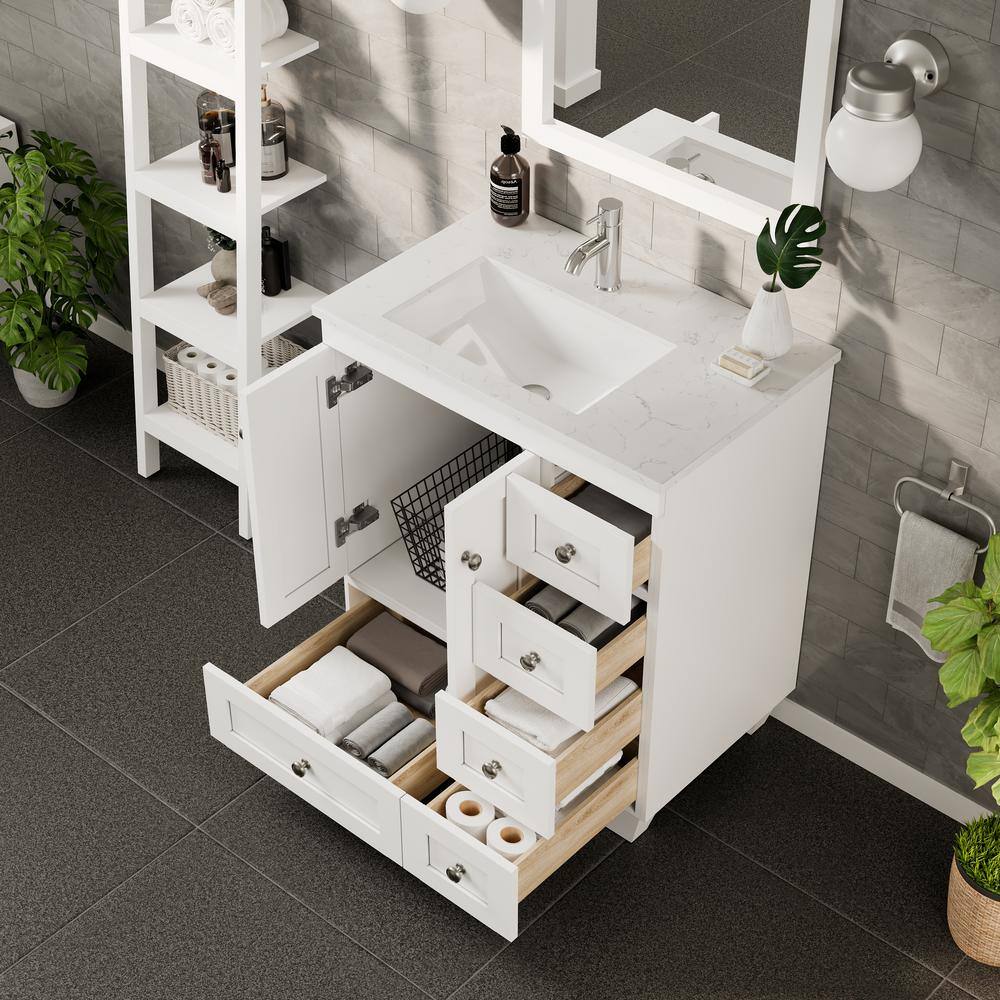White 28" Solid Wood Bathroom Vanity with Carrara Quartz Top