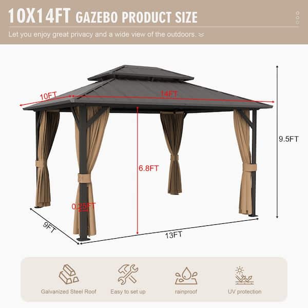 10 ft. x 14 ft. Outdoor Gazebo Double Galvanized Steel Roof, Ceiling Hook, Mosquito Netting and Curtains
