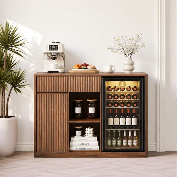 51" Fluted Bar Cabinet with Fridge Space (Fridge Not Included)  Charging Hub & Wine Glass Rack Buffet Sideboard, Walnut