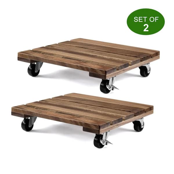 2-Pack 12 in. Square Plant Wood Caddy for Heavy Duty Plant Stand with 360° Lockable Wheels, Solid Acacia Wood, Brown