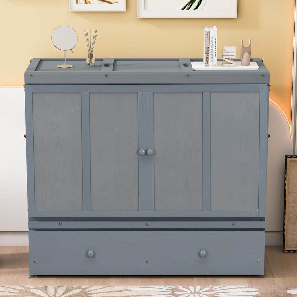 Gray Pine Full Size Murphy Bed with Large Drawer and USB Ports