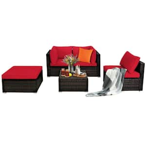 5-Piece Wicker Patio Conversation Set Sectional Rattan Furniture Set with Red Cushions and Ottoman Table