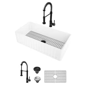 Matte Stone 36" Single Bowl Farmhouse Apron Front Undermount Kitchen Sink with Faucet in Black and Accessories