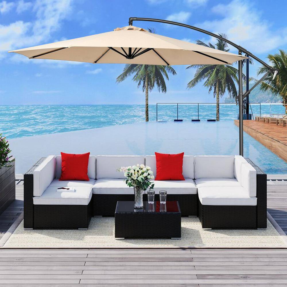 Beige 10' Iron Cantilever Patio Umbrella with Cross Base