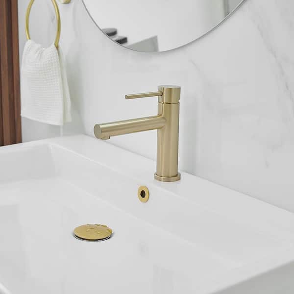 Single-Handle Single Hole Low-Arc Bathroom Faucet with Drain Assembly Drip-Free Vanity Sink Faucet in Brushed Gold