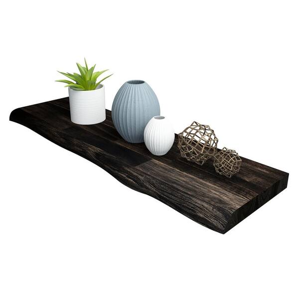 Interbuild Solid 2.9 ft. L x 10 in. D x 1.5 in. T, Acacia Butcher Block Countertop Floating Wall Shelf, Espresso with Live Edge
