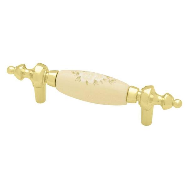 Liberty Ceramic Floral 3 in. (76mm) Center-to-Center Polished Brass with Ivory Flower Insert Drawer Pull