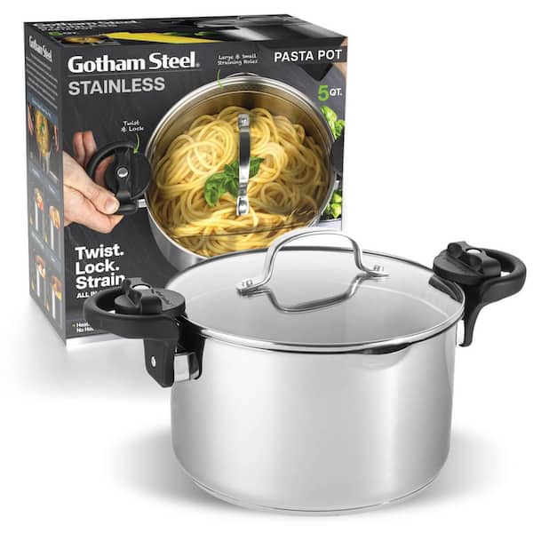 5 qt. Stainless Steel Aluminum Ceramic Nonstick Pasta Pot with Twist N' Lock Handles and Strainer Lid