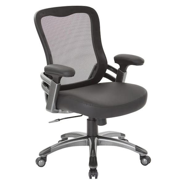 Office Star Products Black Faux Leather Managers Chair with Mesh, Adjustable Padded Arms, and Light Water Transfer Accents