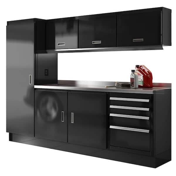 Moduline Select Series 75 in. H x 96 in. W x 22 in. D Aluminum Cabinet Set in Black with Stainless Steel Worktop (8-Piece)