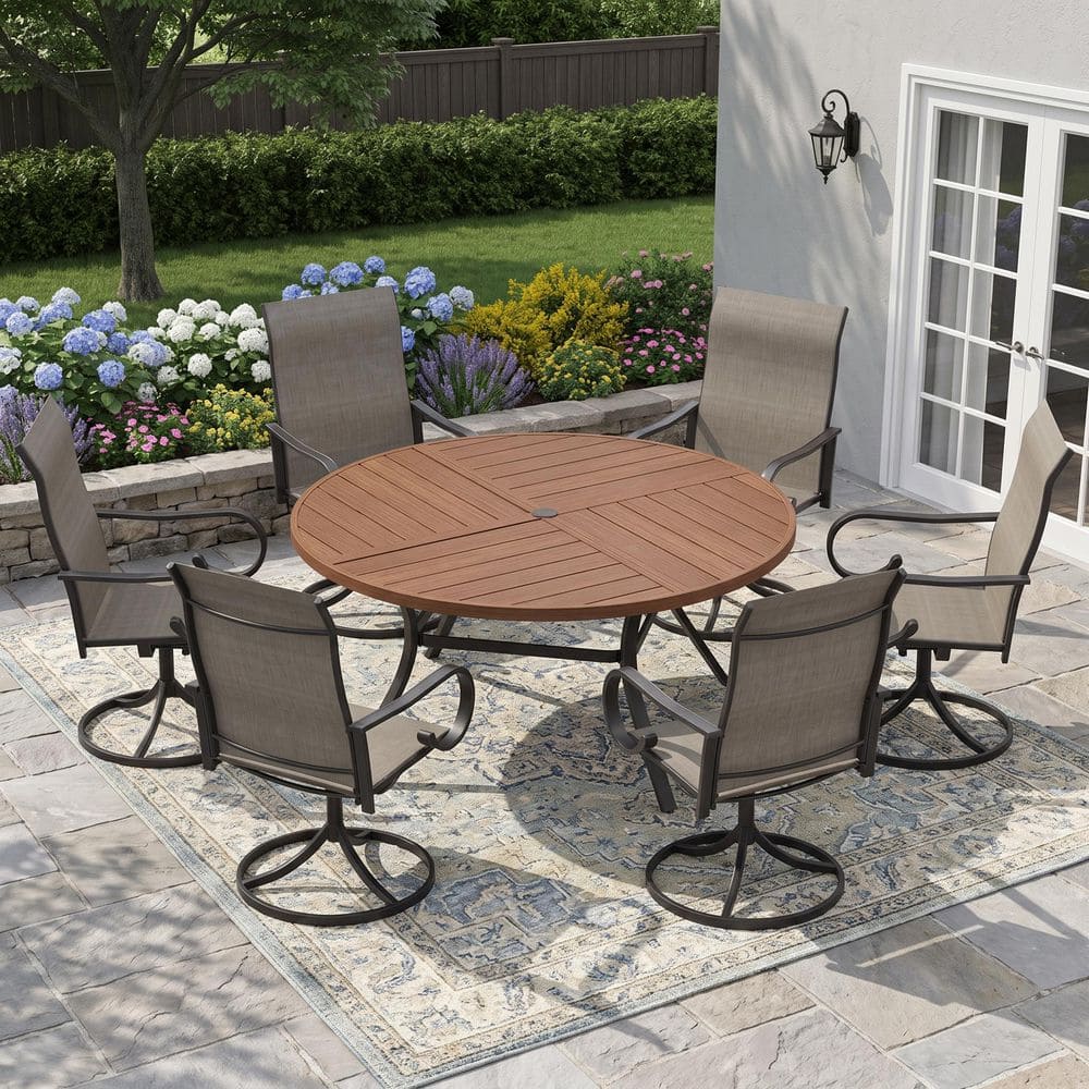 7-Piece Metal Outdoor Dining Set with 53.1 in. Walnut Round Table and 6 Textilene Swivel Dining Chairs with Brown Fabric price history on PriceWatchPro