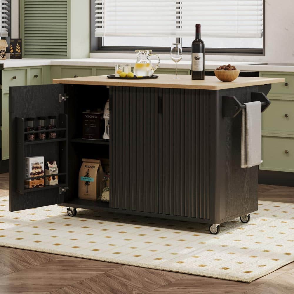 Black Wood Tabletop 51 in. Farmhouse Kitchen Island on 4 Wheels with Drop Leaf, Internal Storage Rack and Towel Rack