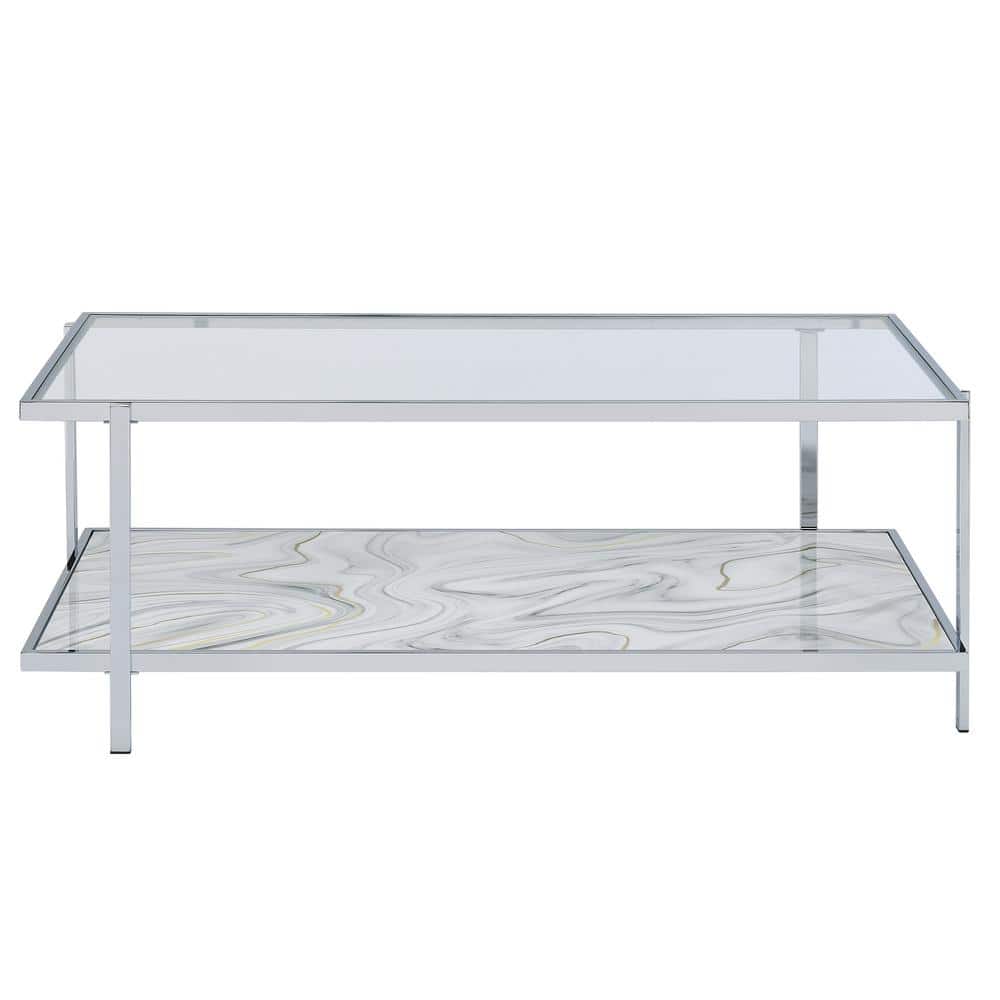 Mika 50" Rectangular Glass and Chrome Coffee Table with Faux-Stone Shelf
