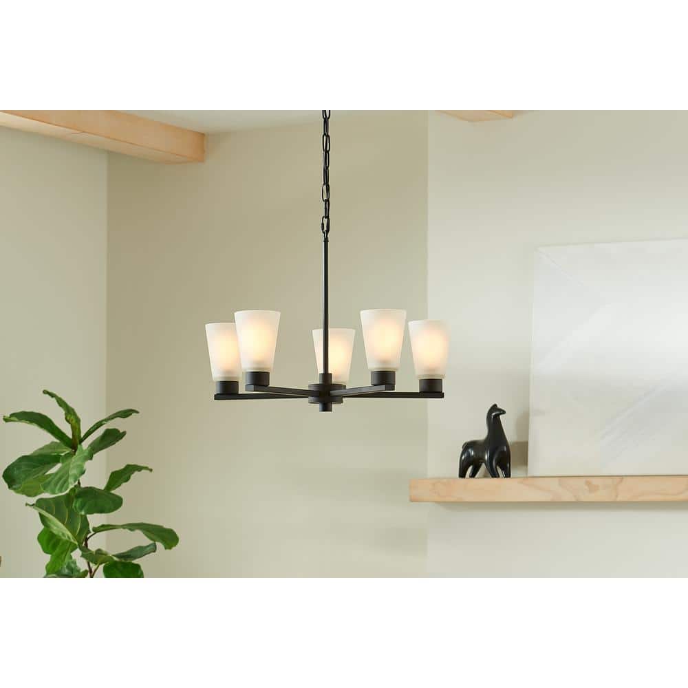 Stamos 24" Olde Bronze 5-Light Chandelier with Satin Etched Glass Shades