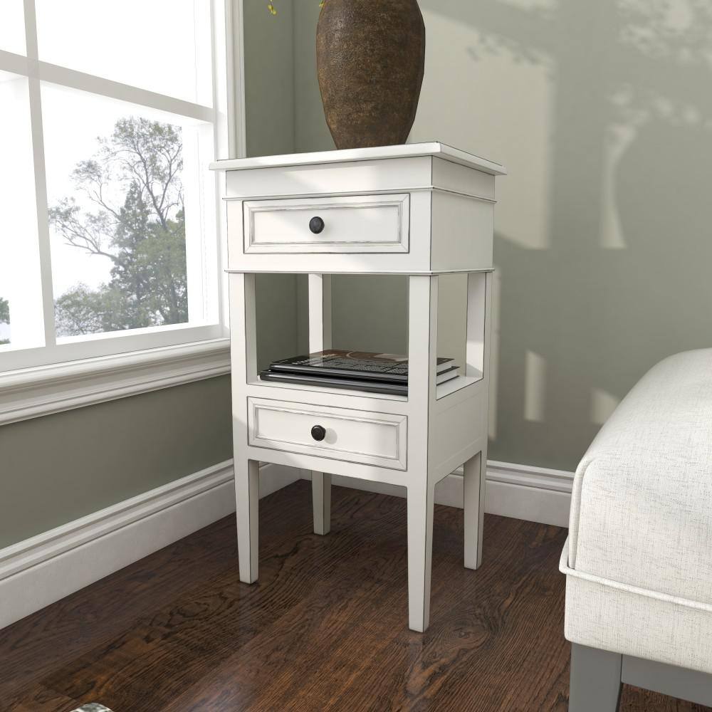 White Pine Traditional Side Table with Drawers and Shelf