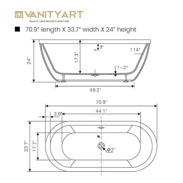 Vanity Art Rennes 71 in. Acrylic Flatbottom Center Bathtub in White