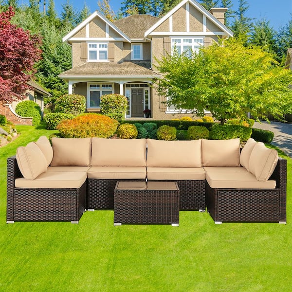 Cesicia Brown 7-Piece Wicker Patio Conversation Set with Brown Cushions