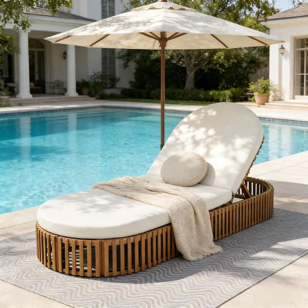 Teak Finish Solid Acacia Wood Outdoor Chaise Lounge with Cream Curve Cushion