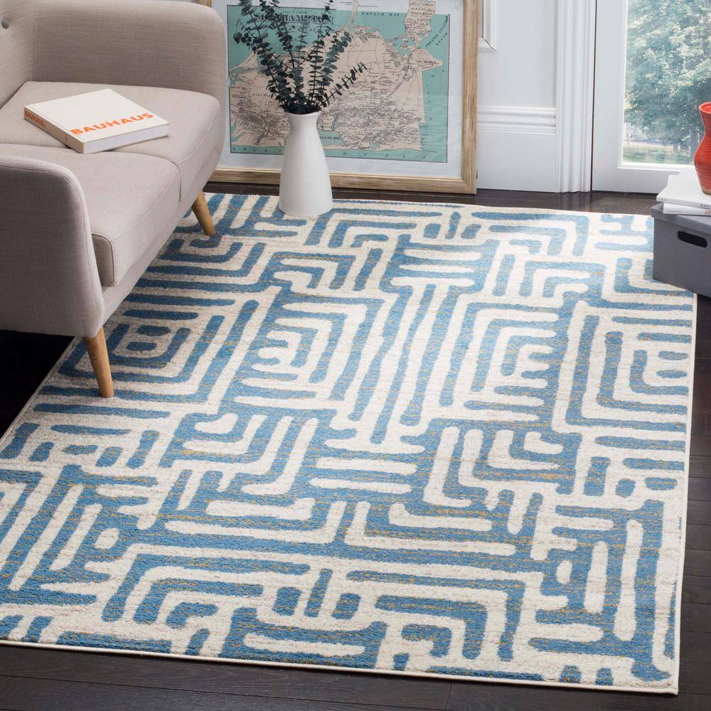 Off-White Geometric Synthetic Stain-Resistant Area Rug 79" x 6"