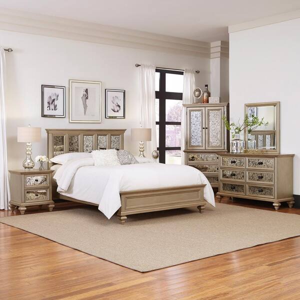 HOMESTYLES Visions 5-Piece Silver Gold Champagne Finish Queen Bedroom Set