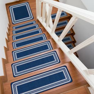 8.5 X 26 and 31 X 31 Navy Carmel Bordered Non-Slip Indoor Stair Tread Cover and Landing Mat (Set of 9)