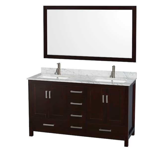 Wyndham Collection Sheffield 60 in. W x 22 in. D x 35 in. H Double Bath Vanity in Espresso with White Carrara Marble Top and 58" Mirror