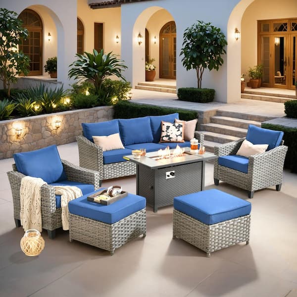 XIZZI Frangipani 6 Pieces Wicker Outdoor Patio Rectangular Fire Pit Set with Navy Blue Cushions