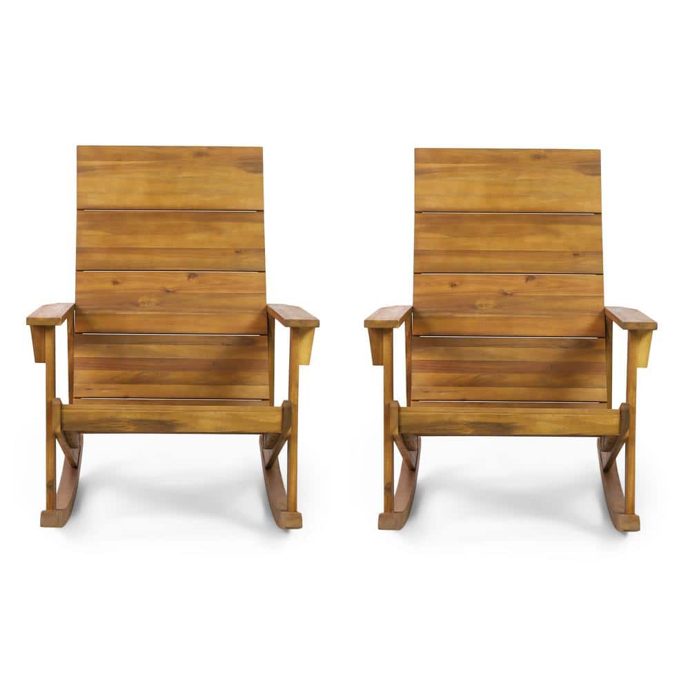 Chamlee Teak Wood Outdoor Adirondack Rocking Chair Set, Natural Finish