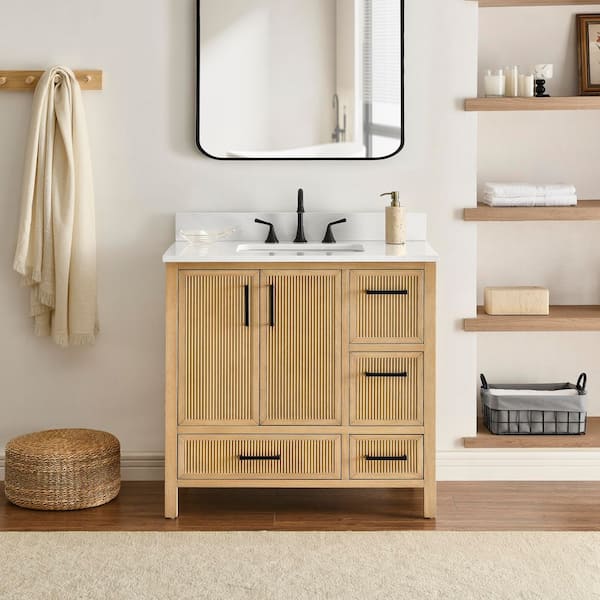 Lawford 36 in. Single Sink Freestanding Fluted Baltic Birch Bath Vanity with Carrara White Engineer Stone Top