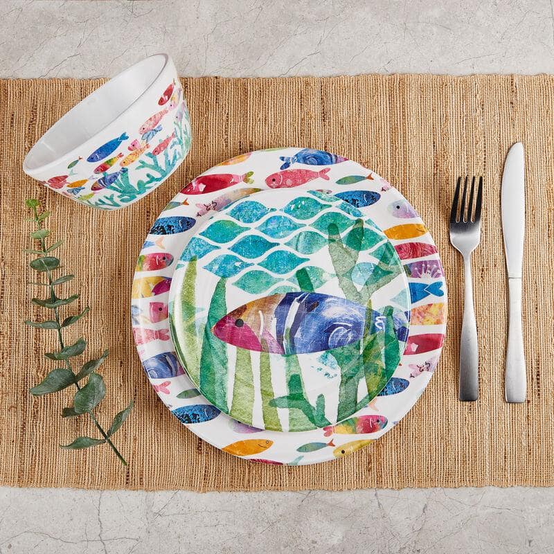 Colorful Fish Melamine 12-Piece Dinnerware Set, Service for 4