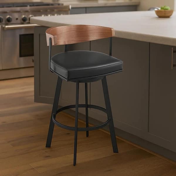 Lasie 34 in. H Vintage Black and Walnut Brown Metal Bar Stool with Faux Leather Seat