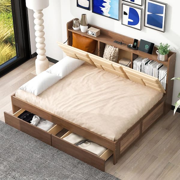 Harper & Bright Designs Wood (Brown) Full Size Wooden Daybed with 2 Drawers, 2 USB Ports and Upholstered Storage Backrest