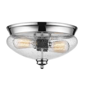 Amon 13 in. 2-Light Chrome Flush Mount Light with Clear Seedy Glass Shade with No Bulbs Included
