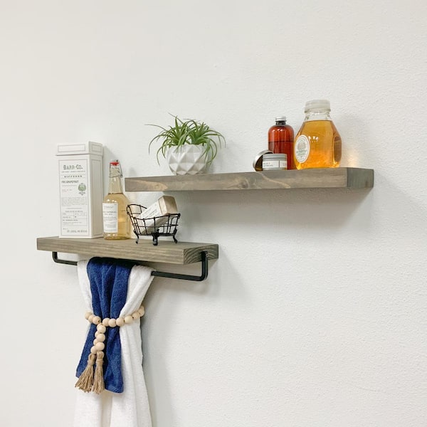 Del Hutson True Float 5.5 in. x 24 in. x 2 in. Gray Pine Floating Decorative Wall Shelf and Towel Bar Set with Brackets