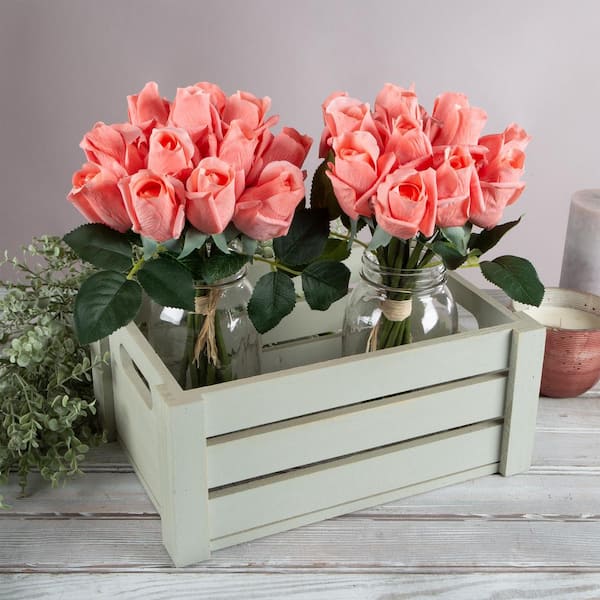 Pure Garden 11 .5-Inch Coral Artificial Rose Flowers with Stems - 48Pc Real Touch Fake Flower Set