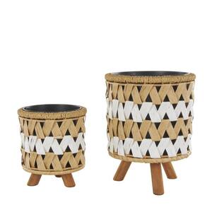 13 in., and 9 in. Medium Brown Jute Rope Handmade Woven Chevron Planter with Black Metal Pots and Wooden Legs (2- Pack)