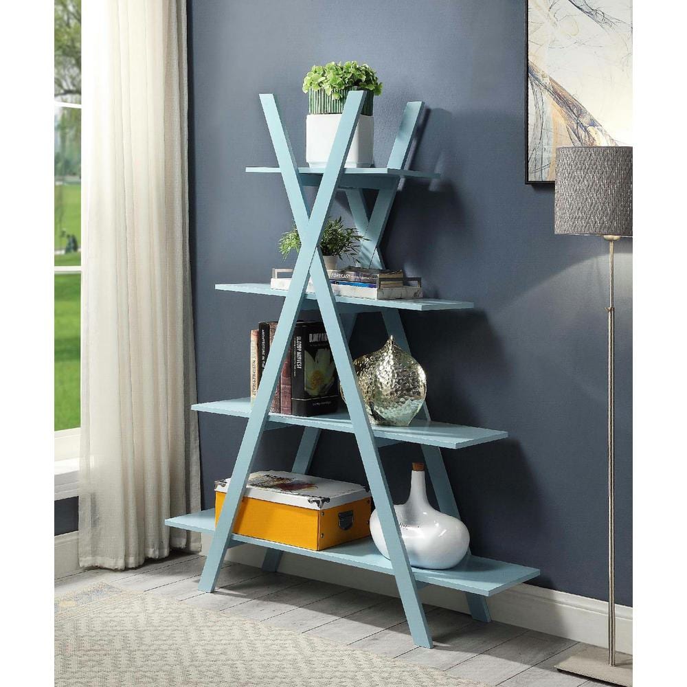 Contemporary White Wood Ladder Bookcase with 4 Open Tiers