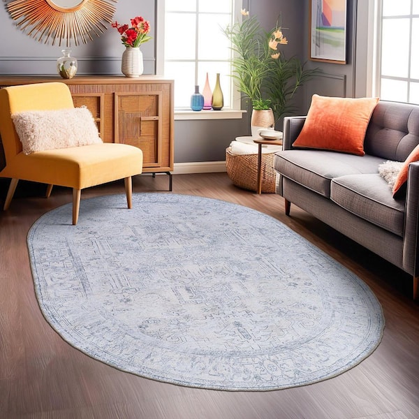 Vintage Inspired Distressed Machine Washable Blue 5 ft. x 7 ft. OVAL Area Rug