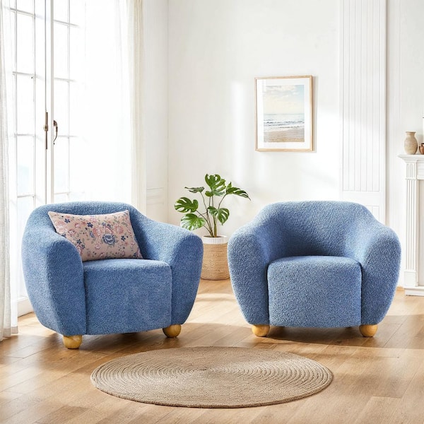 Linley Soft Blue Contemporary Polyester Boucle Accent Chairs with Wood Legs, Set of 2