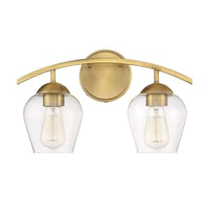 16 in. W x 9.87 in. H 2-Light Natural Brass Bathroom Vanity Light with Clear Glass Shades