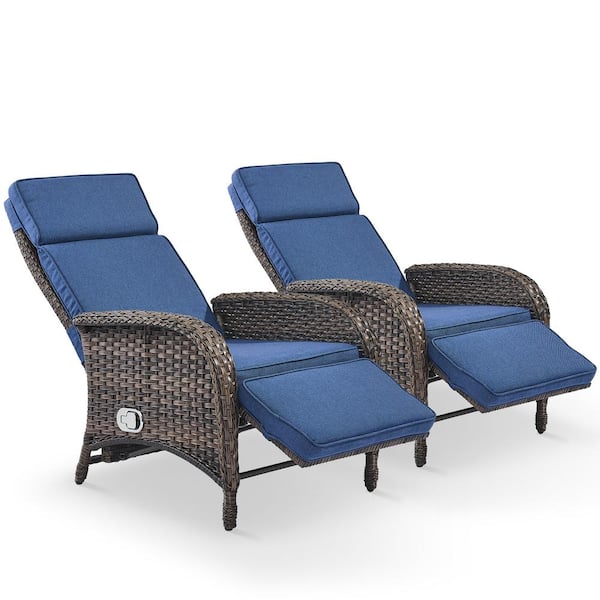 Pocassy 2-Pack Brown Wicker Outdoor Pneumatic Pump Gravity Adjustable Recliner for Patio with CushionGuard Blue Cushions