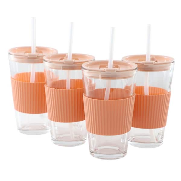 Sip Savvy 4 Piece 15 Ounce Silicone Sleeve Glass Cup Set w/ Lid and Straw in Pink