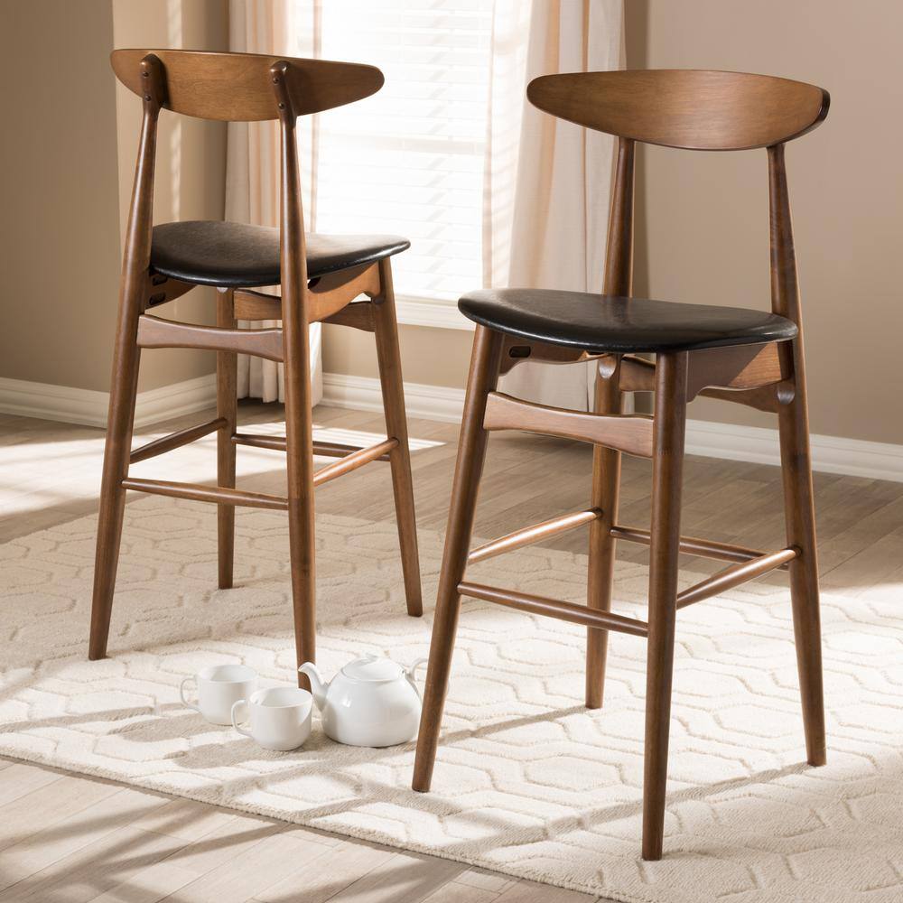 Set of 2 Walnut & Black Leather Mid-Century Barstools