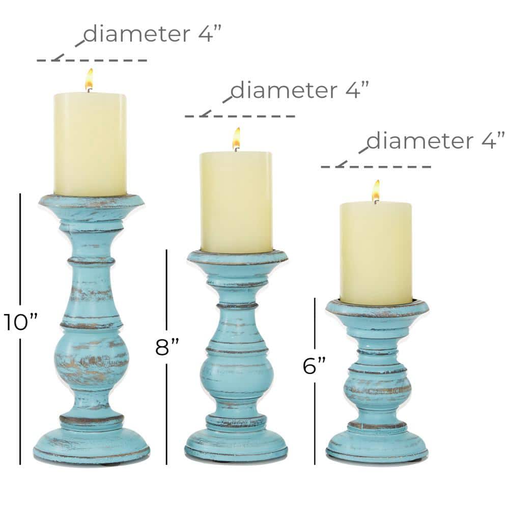 Light Blue Mango Wood Pillar Candle Holder Set, 6", 8", 10"
