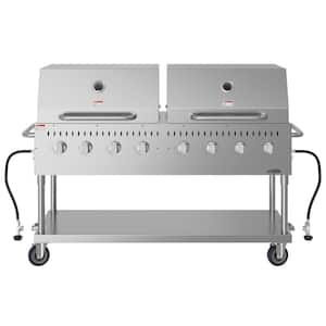 Portable Commercial Outdoor Propane Grill 60 in. with Two 30 in. Roll Dome Covers in Stainless Steel