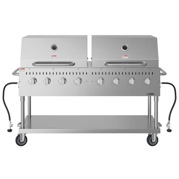 Koolmore Portable Commercial Outdoor Propane Grill 60 in. with Two 30 in. Roll Dome Covers in Stainless Steel
