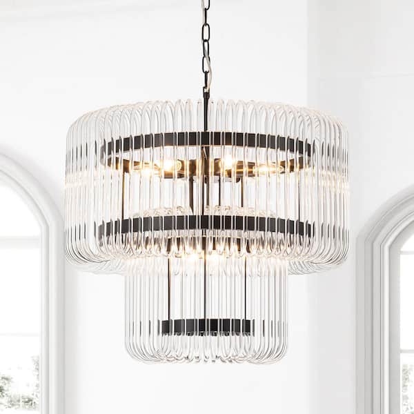 Casper 9-Light Black Metal and Curved Glass Tube Large Luxury Chandelier